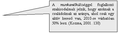 Tglalap feliratnak: A munkanlklisggel foglalkoz szakirodalmak jelzik, hogy azoknak a csaldoknak az arnya, ahol csak egy aktv keres van, 2010-re vrhatan 50% lesz. (Kozma, 2001. 130) 